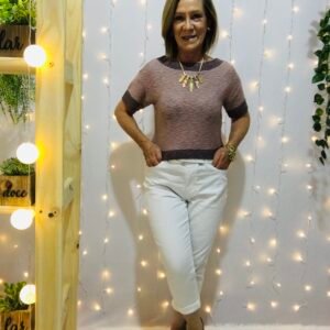 Blusa Rosê de fio, gola canoa